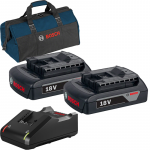 BOSCH 2x Accu Li-Ion, 18V, 2Ah + Incarcator + Geanta<BR>1607A350MN + 1607A350MN + 1600A019RJ + 1619BZ0100