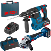 BOSCH Kit 2 scule 18V GBH 18V-26 Ciocan rotopercutor brushless, cu 2 acumulatori Li-Ion, 6Ah, 2.6J + Incarcator rapid 8Ah + Valiza +  GWS 18V-10 Polizor unghiular brushless, Li-Ion, diametru disc 125 + Geanta textil