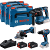 BOSCH Kit 3 scule 18V GBH 18V-22 Ciocan rotopercutor brushless, Li-Ion, 1.9J + GSR 18V-65 Masina de gaurit si insurubat brushless Li-Ion, 63Nm + GWS 18V-8 (SOLO) Polizor unghiular brushless, Li-Ion, diametru disc 125 + 2 acumulatori 18V, 5h + Incarcator 4Ah + 3 valize L-BOXX