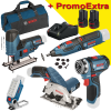 BOSCH  KIT 5 scule 12V (GRO 12V-35/GLI 12V-330/GST 12V-70/GKS 12V-26/GSR 12V-15 FC) cu 2 acumulatori Li-Ion, 3Ah + Incarcator rapid de 4Ah GAL12V-40 + Geanta textil