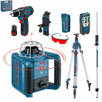 BOSCH GRL 300 HV Nivela laser rotativa (300 m) + BT 300 HD Trepied + GR 240 Rigla + GSR 12V-15 Masina de gaurit si insurubat cu 2 acumulatori Li-Ion, 2Ah, 30Nm + Geanta