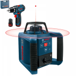 BOSCH GRL 250 HV Nivela laser rotativa (125 m) + GSR 12V-15 Masina de gaurit si insurubat cu 2 acumulatori Li-Ion, 2Ah, 30Nm + Geanta