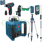 BOSCH GRL 300 HVG Nivela laser rotativa cu laser VERDE (300 m) + BT 300 HD Trepied + GR 240 Rigla + GSR 12V-15 Masina de gaurit si insurubat cu 2 acumulatori Li-Ion, 2Ah, 30Nm + Geanta