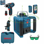 BOSCH GRL 300 HVG Nivela laser rotativa cu laser VERDE (300 m) + GSR 12V-15 Masina de gaurit si insurubat cu 2 acumulatori Li-Ion, 2Ah, 30Nm + Geanta