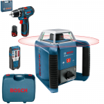 BOSCH GRL 400 H Nivela laser rotativa (400 m) + GSR 12V-15 Masina de gaurit si insurubat cu 2 acumulatori Li-Ion, 2Ah, 30Nm + Geanta