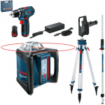 BOSCH GRL 500 HV + LR 50 Nivela laser rotativa orizontal/vertical (500 m) + Receptor/telecomanda + BT 170 Trepied + GR 240 Rigla + GSR 12V-15 Masina de gaurit si insurubat cu 2 acumulatori Li-Ion, 2Ah, 30Nm + Geanta