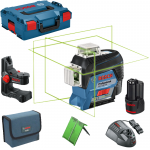 BOSCH GLL 3-80 CG + BM 1 Nivela laser cu linii verzi (30 m) cu 2 acumulatori Li-Ion, 2Ah + Suport + L-BOXX