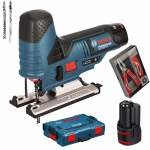 BOSCH GST 12V-70 Ferastrau vertical cu 2 acumulatori Li-Ion, 2Ah + L-BOXX +  Set multitool Mob&Ius