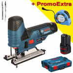 BOSCH GST 12V-70 Ferastrau vertical cu 2 acumulatori Li-Ion, 2Ah + L-BOXX +  Ruleta 8 m UNIOR