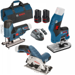 BOSCH  KIT 3 scule 12V (GST 12V-70/GKS 12V-26/GKF 12V-8) cu 2 acumulatori Li-Ion, 2Ah + Geanta textil