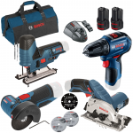 BOSCH  KIT 4 scule 12V (GST 12V-70/GKS 12V-26/GSR 12V-30/GWS 12V-76) cu 2 acumulatori Li-Ion, 2Ah + Geanta textil