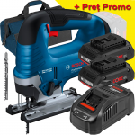 BOSCH GST 185-LI Ferastrau vertical brushless, +  Set 2 acumulatori 4Ah ProCore + Incarcator 8Ah + Geanta textil mediu