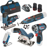 BOSCH  KIT 5 scule 12V (GRO 12V-35/GLI 12V-330/GST 12V-70/GKS 12V-26/GSR 12V-15 FC) cu 2 acumulatori Li-Ion, 2Ah + Geanta textil