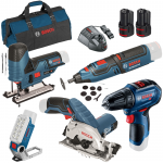 BOSCH  KIT 5 scule 12V (GRO 12V-35/GLI 12V-330/GST 12V-70/GKS 12V-26/GSR 12V-30) cu 2 acumulatori Li-Ion, 2Ah + Geanta textil