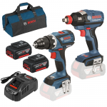 BOSCH GSR 18 V-EC (SOLO) + GDX 18 V-EC (SOLO) Masina de gaurit si insurubat brushless, Li-Ion, 60Nm + Masina de insurubat cu impact brushless, Li-Ion, 185Nm +  SET PRO-MIX - Incarcator GAL1880CV + 2 acu 18V, 5Ah + Geanta textil mediu