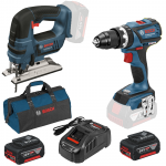 BOSCH GSB 18 V-EC (SOLO) + GST 18 V-LI B (SOLO) Masina de gaurit cu percutie brushless, Li-Ion, 60Nm + Ferastrau vertical Li-Ion +  SET PRO-MIX - Incarcator GAL1880CV + 2 acu 18V, 5Ah + Geanta textil mediu