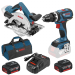 BOSCH GSB 18 V-EC (SOLO) + GKS 18V-57 (SOLO) Masina de gaurit cu percutie brushless, Li-Ion, 60Nm + Ferastrau circular Li-Ion +  SET PRO-MIX - Incarcator GAL1880CV + 2 acu 18V, 5Ah + Geanta textil mediu