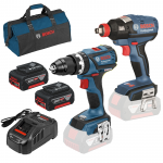 BOSCH GSB 18 V-EC (SOLO) + GDX 18 V-EC (SOLO) Masina de gaurit cu percutie brushless, Li-Ion, 60Nm + Masina de insurubat cu impact brushless, Li-Ion, 185Nm +  SET PRO-MIX - Incarcator GAL1880CV + 2 acu 18V, 5Ah + Geanta textil mediu