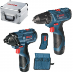 BOSCH Kit 2 scule 12 V GSR 120-LI Masina de gaurit si insurubat + GDR 120-LI Surubelnita cu impact cu 2 acumulatori Li-Ion, 1.5Ah + Cutie metalica + 11 Biti + 12 Burghie