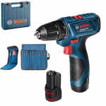 BOSCH GSR 120-LI Masina de gaurit si insurubat cu 2 acumulatori Li-Ion, 1.5Ah, 30Nm + Valiza + 11 Biti + 12 Burghie