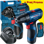 BOSCH Kit 2 scule 12 V GSR 120-LI Masina de gaurit si insurubat + GDR 120-LI Surubelnita cu impact cu 2 acumulatori Li-Ion, 2Ah + Valiza + Set 23 accesorii