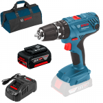 BOSCH GSB 18V-21 (SOLO) Masina de gaurit cu percutie Li-Ion, 55Nm +  Acumulator 5Ah CoolPack + Incarcator rapid de 8Ah GAL1880CV + Geanta textil mediu Bosch Professional (lungime: 45 cm)