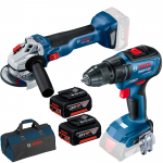 BOSCH GSR 18V-50 Masina de gaurit si insurubat brushless, Li-Ion, 50Nm + GWS 18V-10 Polizor unghiular brushless, Li-Ion, diametru disc 125 + Set 2 acumulatori 5Ah CoolPack + Incarcator rapid de 8Ah GAL1880CV + Geanta textil