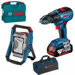 BOSCH GSR 18V-50 Masina de gaurit si insurubat brushless cu 2 acumulatori Li-Ion, 5Ah, 50Nm, cu incarcator rapid de 8Ah GAL1880CV + Valiza L-CASE + GLI 18 V-1900 Lampa Li-Ion, 14.4/18V + Geanta textil