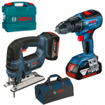 BOSCH GSR 18V-50 Masina de gaurit si insurubat brushless cu 2 acumulatori Li-Ion, 5Ah, 50Nm, cu incarcator rapid de 8Ah GAL1880CV + Valiza L-CASE + GST 18 V-LI B Ferastrau vertical Li-Ion + Geanta textil