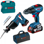 BOSCH GSR 18V-50 Masina de gaurit si insurubat brushless cu 2 acumulatori Li-Ion, 5Ah, 50Nm, cu incarcator rapid de 8Ah GAL1880CV + Valiza L-CASE + GSA 18 V-LI Ferastrau sabie Li-Ion + Geanta textil