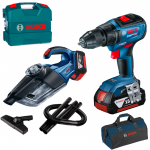 BOSCH GSR 18V-50 Masina de gaurit si insurubat brushless cu 2 acumulatori Li-Ion, 5Ah, 50Nm, cu incarcator rapid de 8Ah GAL1880CV + Valiza L-CASE + GAS 18V-1 Aspirator 18V + Geanta textil