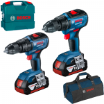 BOSCH GSR 18V-50 Masina de gaurit si insurubat brushless cu 2 acumulatori Li-Ion, 5Ah, 50Nm, cu incarcator rapid de 8Ah GAL1880CV + Valiza L-CASE + GSB 18V-50 Masina de gaurit cu percutie brushless, Li-Ion, 50Nm + Geanta textil