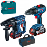 BOSCH GSR 18V-50 Masina de gaurit si insurubat brushless cu 2 acumulatori Li-Ion, 5Ah, 50Nm, cu incarcator rapid de 8Ah GAL1880CV + Valiza L-CASE + GBH 180-LI Ciocan rotopercutor brushless Li-Ion, 2J + Geanta textil