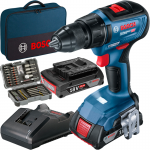 BOSCH GSR 18V-50 Masina de gaurit si insurubat brushless cu 2 acumulatori Li-Ion, 2Ah, 50Nm, cu incarcator de 2Ah GAL18V-20 + Set 43 accesorii + Geanta textil