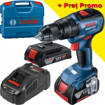 BOSCH GSB 18V-50 Masina de gaurit cu percutie brushless cu 2 acumulatori Li-Ion, unul de 2Ah si unul de 5Ah, 50Nm, cu incarcator rapid de 8Ah GAL1880CV + L-CASE