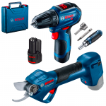 BOSCH Pro Pruner Foarfeca Li-Ion, 12V cu 2 acumulatori 2Ah + GSR 12V-30 Masina de gaurit si insurubat brushless + Valiza