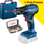 BOSCH GSR 185-LI (SOLO) Masina de gaurit si insurubat brushless Li-Ion, 50Nm + Valiza + Caseta 31 biti cu adaptor, fara acumulator in set