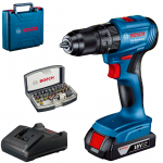 BOSCH GSB 185-LI Masina de gaurit cu percutie brushless cu 1 acumulator Li-Ion, 2Ah, 50Nm + Valiza + Caseta 31 biti cu adaptor