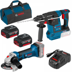 BOSCH GBH 18V-26 Ciocan rotopercutor brushless, Li-Ion, 2.6J + GWS 18-125 V-LI Polizor unghiular Li-Ion + SET PRO-MIX - Incarcator GAL1880CV + 2 acu 18V, 5Ah + Geanta textil mediu