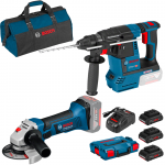 BOSCH GBH 18V-26 Ciocan rotopercutor brushless, Li-Ion, 2.6J + GWS 18-125 V-LI Polizor unghiular Li-Ion + ProCORE 18V + GAL1880CV Acumulator Li-Ion, 18V, 4Ah (3 bucati) + Incarcator + L-BOXX 102 + Geanta textil mediu