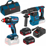 BOSCH GBH 18V-26 Ciocan rotopercutor brushless, Li-Ion, 2.6J + GDX 18 V-EC Masina de insurubat cu impact brushless, Li-Ion, 185Nm + SET PRO-MIX - Incarcator GAL1880CV + 2 acu 18V, 5Ah + Geanta textil mediu 