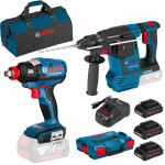 BOSCH GBH 18V-26 Ciocan rotopercutor brushless, Li-Ion, 2.6J + GDX 18 V-EC Masina de insurubat cu impact brushless, Li-Ion, 185Nm  + ProCORE 18V + GAL1880CV Acumulator Li-Ion, 18 V, 4 Ah (3 bucati) + Incarcator + L-BOXX 102 + Geanta textil mediu