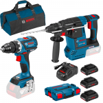 BOSCH GBH 18V-26 Ciocan rotopercutor brushless, Li-Ion, 2.6J + GSR 18 V-EC Masina de gaurit si insurubat brushless, Li-Ion, 60Nm + ProCORE 18V + GAL1880CV Acumulator Li-Ion, 18 V, 4 Ah (3 bucati) + Incarcator + L-BOXX 102 + Geanta textil mediu