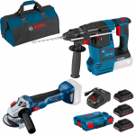 BOSCH GBH 18V-26 Ciocan rotopercutor brushless, Li-Ion, 2.6J + GWS 18V-10 Polizor unghiular brushless, Li-Ion, diametru disc 125 + ProCORE 18V + GAL1880CV Acumulator Li-Ion, 18V, 4Ah (3 bucati) + Incarcator + L-BOXX 102 + Geanta textil mediu