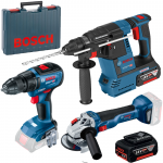 BOSCH GBH 18V-26 Ciocan rotopercutor brushless, cu 2 acumulatori Li-Ion, 6Ah, 2.6J + GWS 18V-10 Polizor unghiular brushless, Li-Ion, diametru disc 125 + GSR 18V-50 Masina de gaurit si insurubat brushless, Li-Ion, 50Nm