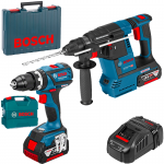 BOSCH Kit 2 scule 18V GBH 18V-26 Ciocan rotopercutor brushless, cu 2 acumulatori Li-Ion, 6Ah, 2.6J + Incarcator rapid 8Ah + Valiza +  GSB 18V-EC Masina de gaurit cu percutie brushless Li-Ion, 60Nm + Valiza