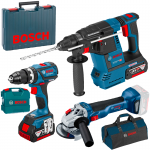 BOSCH Kit 3 scule 18V GBH 18V-26 Ciocan rotopercutor brushless, cu 2 acumulatori Li-Ion, 6Ah, 2.6J + Incarcator rapid 8Ah + Valiza +  GSB 18V-EC Masina de gaurit cu percutie brushless Li-Ion, 60Nm + Valiza + GWS 18V-10 Polizor unghiular brushless, Li-Ion, diametru disc 125 + Geanta textil