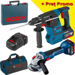 BOSCH Kit 2 scule 18V GBH 18V-26 Ciocan rotopercutor brushless, cu 2 acumulatori Li-Ion, 6Ah, 2.6J + Incarcator rapid 8Ah + Valiza +  GWS 18V-10 Polizor unghiular brushless, Li-Ion, diametru disc 125 + Geanta textil