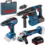 BOSCH GBH 18V-26 F Ciocan rotopercutor brushless, cu 2 acumulatori Li-Ion, 6Ah, 2.6J + GWS 18V-10 Polizor unghiular brushless, Li-Ion, diametru disc 125 + GSR 18V-50 Masina de gaurit si insurubat brushless, Li-Ion, 50Nm