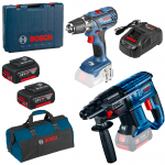 BOSCH GBH 180-LI (SOLO) Ciocan rotopercutor Li-Ion, 1.7J + Valiza +  GSR 18-2-LI PLUS (SOLO) Masina de gaurit si insurubat, Li-Ion, 63Nm + SET PRO-MIX - Incarcator GAL1880CV + 2 acu 18V, 5Ah + Geanta textil mediu